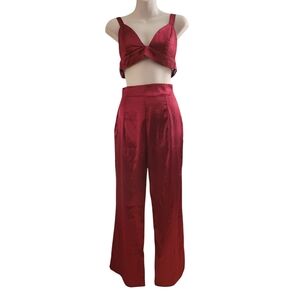 SHEIN Burgundy Satin 2 Piece Tie-back Top & Pants Outfit